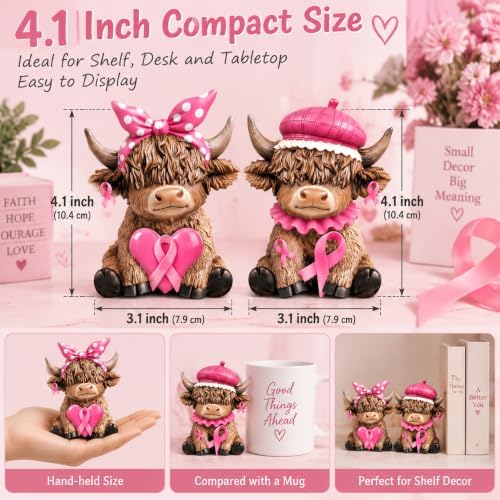Karenhi 2 Pcs Breast Cancer Awareness Highland Cow Figurines, Pink Ribbon
