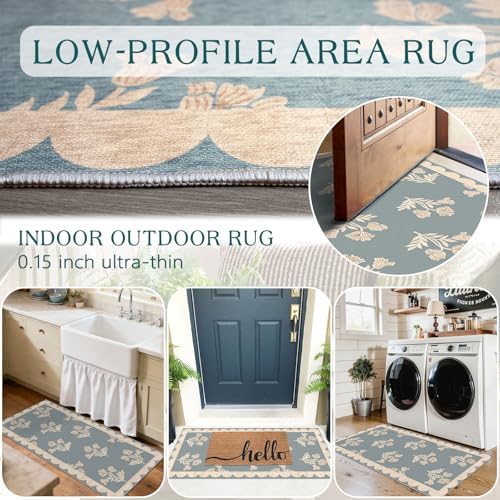 Front Door Mat Indoor Entrance - 2x4.3 Ft Floral Washable Layered Doormat Outdoor Entrance Porch Rug Non-Slip Blue