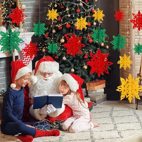 Whaline 18Pcs Christmas Hanging Decorations Red Green Gold 3D Snowflake Paper Ornaments with String Large Snowflake Pendant Garlands for Xmas Winter Wonderland Party Home Ceiling