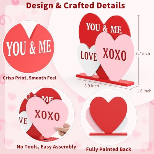 OLANRUN Valentines Day Decorations, 8.7 Inch Valentine Table Decorations Wooden Heart Sign with Letter LOVE XOXO, Valentines Day Decor Indoor for Home Office Kitchen Tiered Tray Table Fireplace Mantel