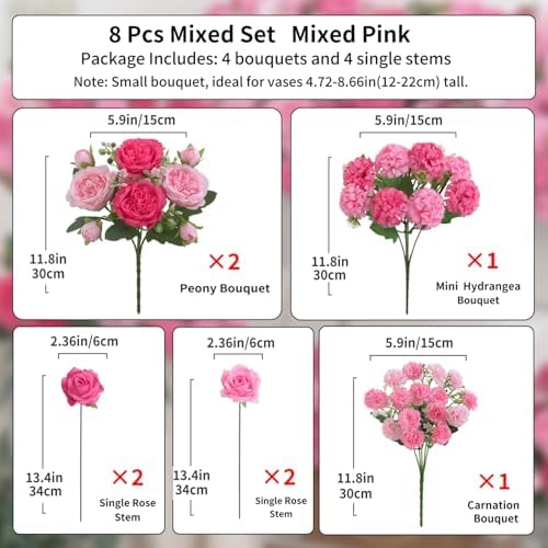 8 Pcs Mixed Artificial Peony Flowers Set-4 Bouquets & 4 Stems, Pink Fake Peony Rose Hydrangea Flowers for Vase Silk Floral Arrangements for Table Centerpiece Wedding Party Bridal Decoration Home Decor