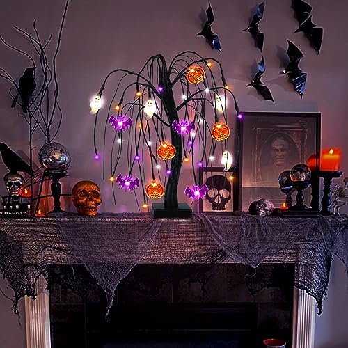 Halloween Table Decorations 18 Inch 36 LED Halloween Willow Tree with Pumpkin Bat Ghost Lights, Timer/USB/Battery Operated Black Halloween Tree Spooky Halloween Decorations Indoor Home Party Room Gift