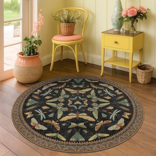 Black Boho 4ft Round Small Rugs for Entryway Non Slip - Washable Insect & Floral Rug for Living Room, Kitchen, Low Pile