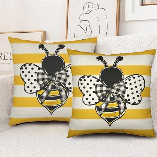 Summer Bee Pillow Covers 22x22 Set of 2 Yellow White Striped Bumblebee Pillow Cases Spring Honey Bee Holiday Decorative Cushion Case for Bed Couch Sofa
