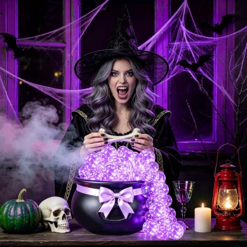 Halloween Witches Cauldron Decorations, DIY Bubbling Large Cauldron Bowl Set with Clear Plastic Balls, Purple String Light and Purple Ribbon for Halloween Hocus Pocus Party Indoor Outdoor Decor