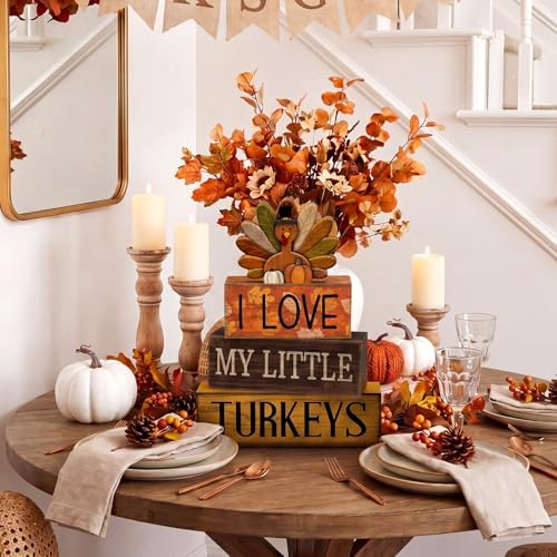 Lineshading 4 Pcs Thanksgiving Block Signs, I Love My Little Turkeys Wood