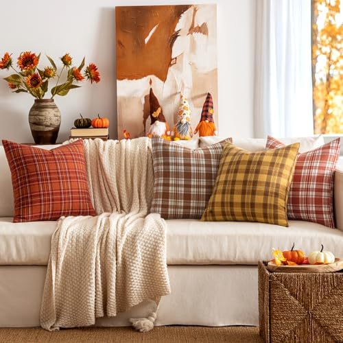 MIULEE Fall Plaid Pillow Covers Scottish Tartan 16x16 Burnt Orange