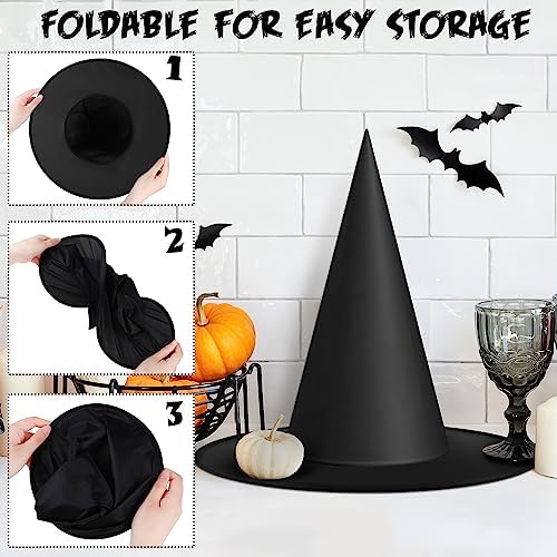 14 Pieces Halloween Black Witch Hats with 32 Pieces 3D Bats Sticker Wall Decor and 328 Feet Hanging Rope Witch Hat Decoration Cosplay Costume Accessory Caps Halloween Fancy Caps Yard Decor