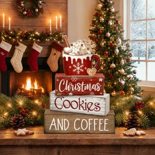 Lineshading 4 Pcs Christmas Coffee Table Decor, Hot Cocoa Wood Block Signs