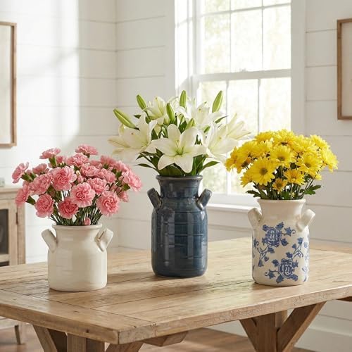 Ceramic Vase Set of 3 with Two Handles, Blue White Neutral Rustic Modern Farmhouse Boho Decor, Versatile as Table