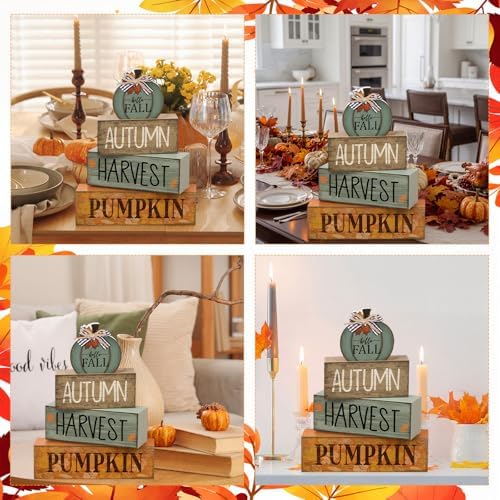 Lineshading 4 Pcs Fall Wood Block Signs Pumpkin Harvest Tiered Tray Decor