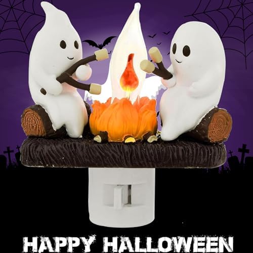 Halloween Ghost Campfire Night Light,Plug-in Wall Flickering Flame Nightlight,3D Cute Spooky Marshmallow Ghost Decoration for Bedroom,Spooky Season Home Halloween Decor for Kids Adults (Purple)