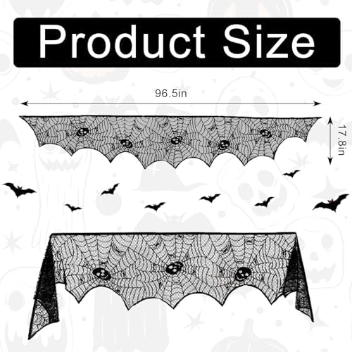 On-Airstore Halloween Mantle Scarf Skull Spider Web Fireplace Scarf Black Embroidered Lace Table Runner Mantle Cover for Halloween Fireplace Decoration Halloween Party Supplies 96 x 18 Inch