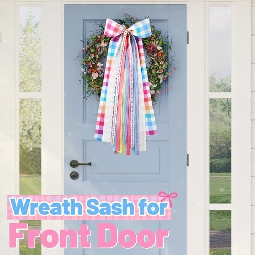 Riceshoot Wreath Bow Sash for Front Door Plaid Ribbon with Clip 9.8x23.6in