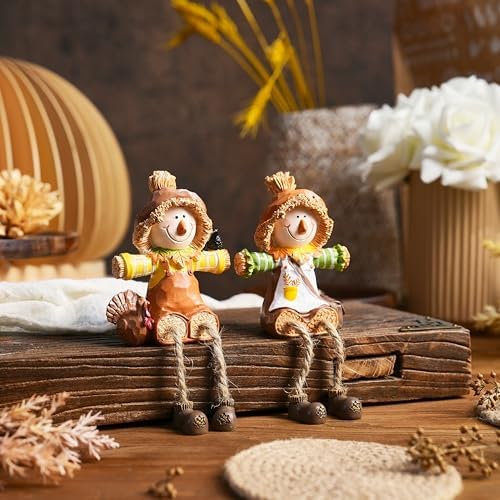 FESTGLOX Scarecrow Fall Decor, 2Pcs Fall Shelf Sitters with Dangling Legs