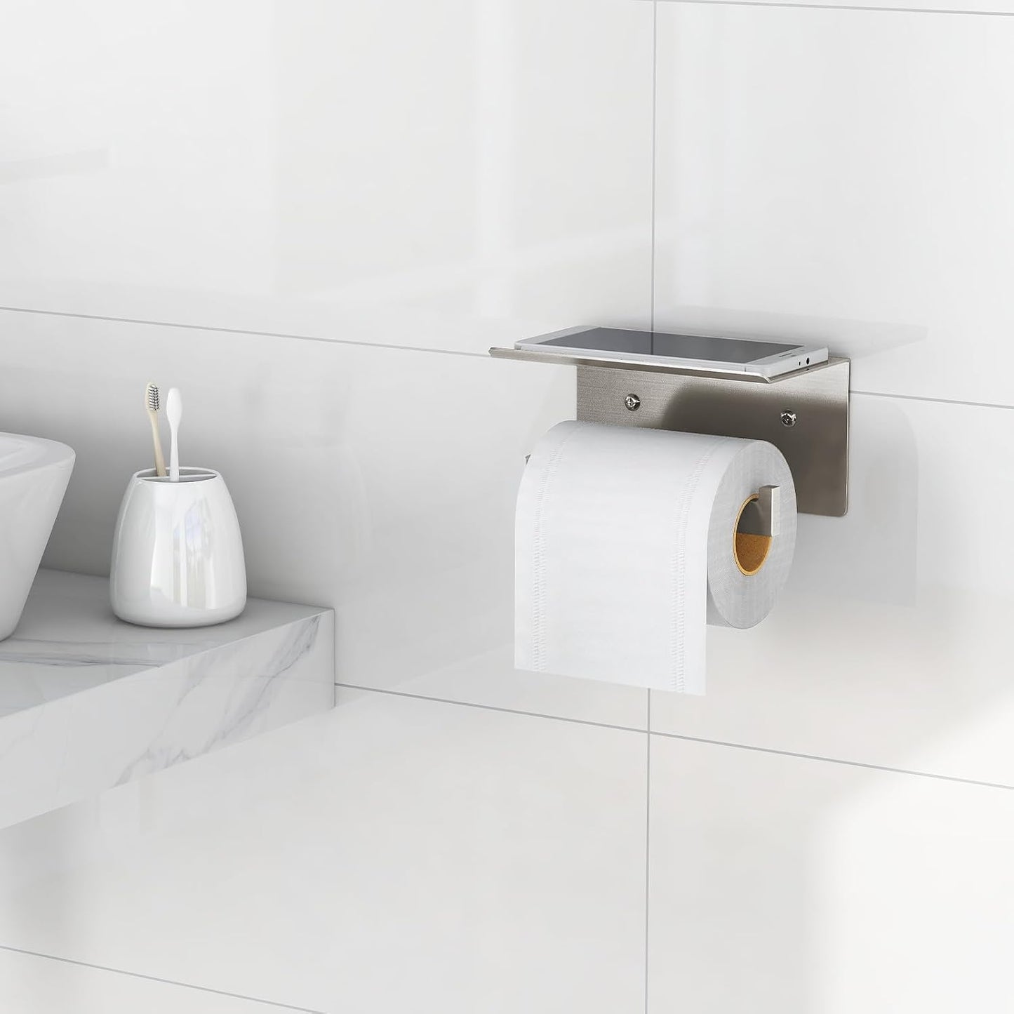 Gypie Toilet Paper Holder with Phone Shelf, Brushed Nickel Toilet Paper Holder Wall Mount, Rustproof Stainless Steel