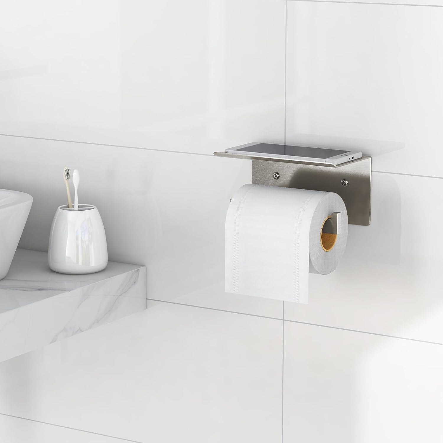 Gypie Toilet Paper Holder with Phone Shelf, Brushed Nickel Toilet Paper Holder Wall Mount, Rustproof Stainless Steel