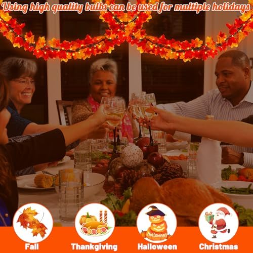 9FT Plug in Fall Garland with Lights 50 Orange Bulbs Connectable Garlands