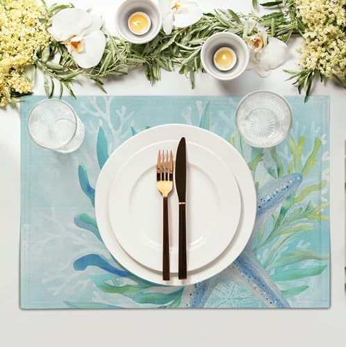 Nautical Coastal Placemats Set of 4 Ocean Coral Starfish Seagrass Beach Theme Table Mat 12x18 Inch Teal Turquoise Blue Summer Linen Fabric Place Mats for Party Kitchen Dining Outdoor Indoor Decor