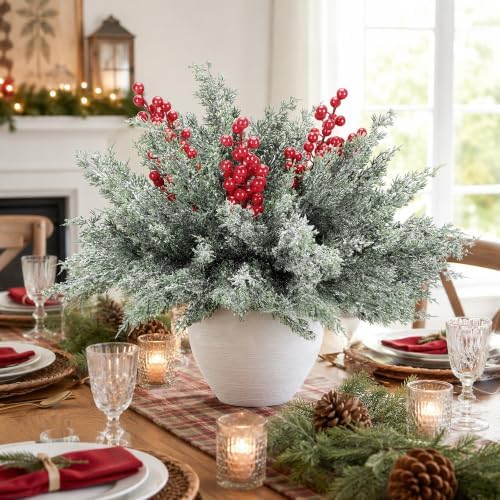 10 Pcs 16''Large Christmas Snow Pine Branches with Red Berries
