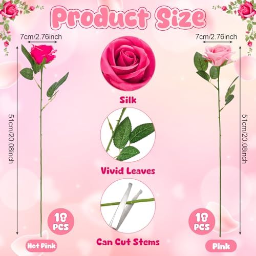 36 Pcs Pink, Hot Pink Artificial Roses with Long Stems