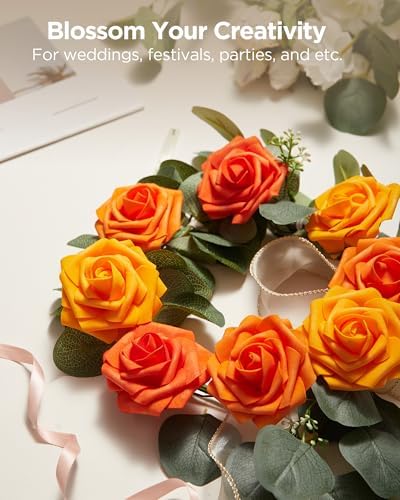 InnoGear Fake Roses 50 Pcs Shades of Orange Flowers Artificial Faux Floral