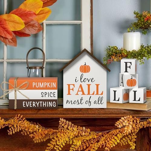 Fall Decorations Pumpkin Faux Books, 8 Pcs Fall Tiered Tray Decor Book Stack Wooden Signs, Farmhouse Rustic Wooden Decor for Home Kitchen Office Table