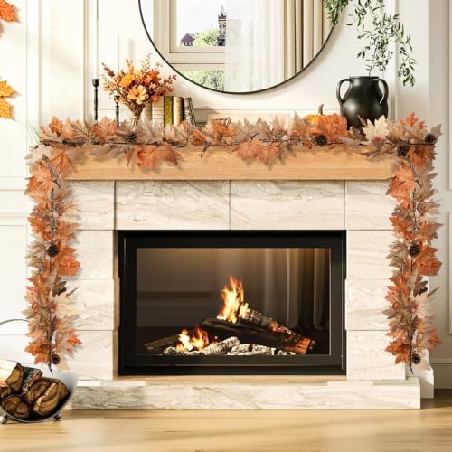 2 Pack 6 Ft Fall Garland with Lights & Timer, Thanksgiving Mantel Decor