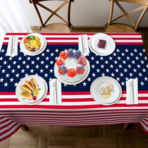 Childom 2 Pack Patriotic Tablecloths,Patriotic Decorations 54" x 108" Disposable American Flag Tablecloths for Event,Party Table Cloth Plastic for Veterans Day,4th of July,Picnic,Dinner,Party Supplies
