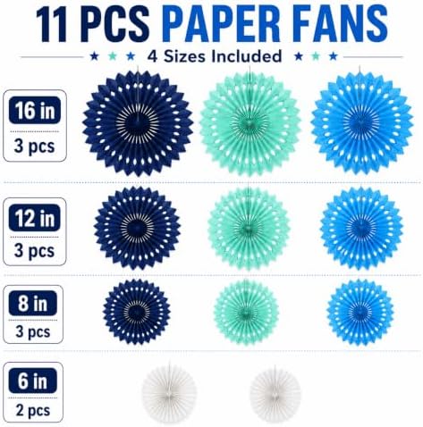 Blue White Hanging Honeycomb Round Paper Fans Decoration Kit for Baby Boy Shower Birthday Navy Ocean Wedding Under The Sea Theme Photo Booth Backdrops Paper Party Supplies 11 Count