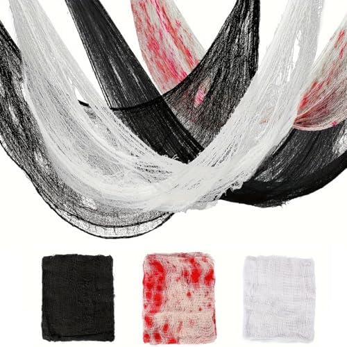 Halloween Creepy Cloth,3Pcs 30×72inch Black Spooky Scary Creepy Gauze Cloth Halloween Decorations for Party Doorways Outdoors Decoration, Black+White+red