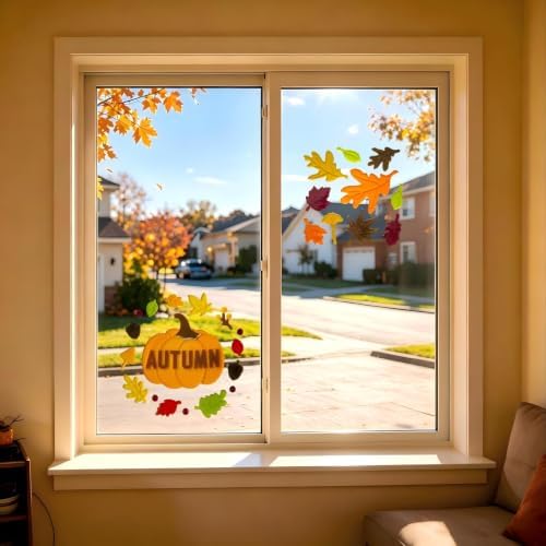 Gift&Fun 4Sheets Fall Gel Window Clings, 7.9x7.9 in, Scarecrow, Turkey, Pumpkin, Leaves, Forest Animals Theme