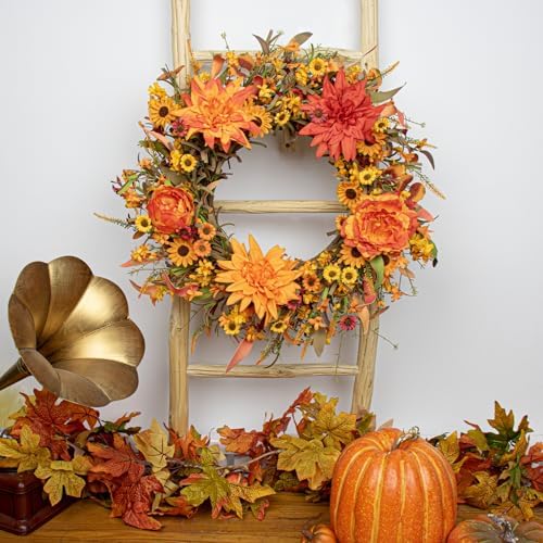 J'FLORU 20” Artificial Fall Wreath Autumn Wreaths for Front Door Thanksgiving Wreath with Peony Dahlia Daisy Flowers for Thanksgiving Day Harvest Festival Wall Porch Indoor Outdoor