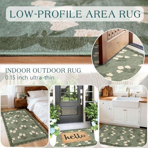 Floral Outdoor Rug - 28" x 43" Front Door Mat Indoor Outside Entrance Non-Slip Washable Outdoor Mat Sage Green Spring