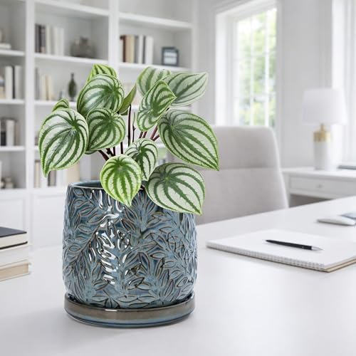 D'vine Dev Embossed Leaves Ceramic Planter, 6 in, Ocean Teal, 27-A-X-8
