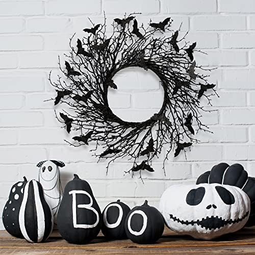 Sggvecsy 17.7"Artificial Black Twig Wreath with Glitter Bats - Handmade Sparkling Hanging Decorations for Front Door, Indoor/Outdoor Halloween Party