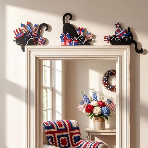 Bucherry 3 Pcs 4th of July Black Cat Door Topper Decor