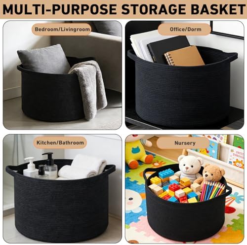 90L Extra Large Blanket Basket,Woven Rope Laundry Basket-Black