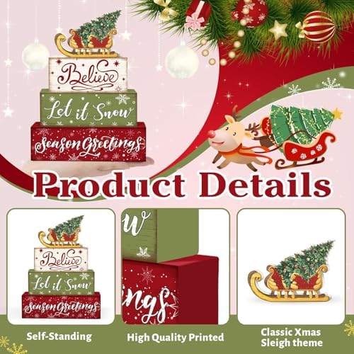 Britimes Tiered Tray Decor Set, 4 Pack, Wooden Table Sign, Sleigh Tree