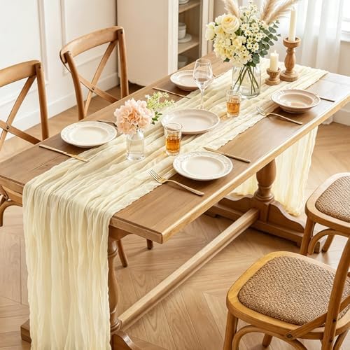6Pcs Beige Table Runner, 10FT Rustic Cheesecloth Table Runner 35*120inch Boho Beige Runner for Wedding Bridal Shower Baby Shower Table Centerpiece Decorations