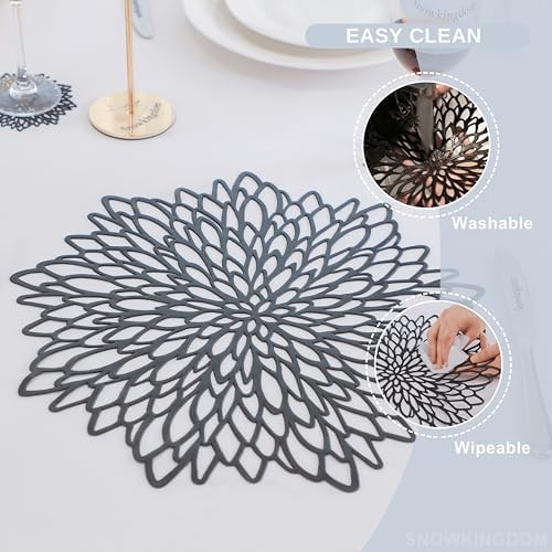 Snowkingdom Pack of 12 Black Placemats Washable Pressed Vinyl Laser Cut Dining Table Mats Round Floral Charger Decoration for Christmas Halloween Thanksgiving Wedding