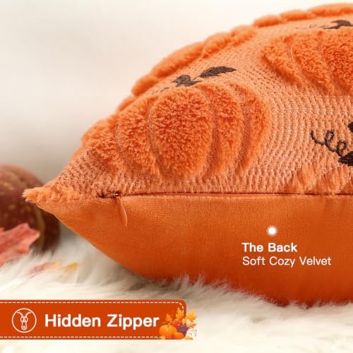 Artscope Fall Pumpkin Throw Pillow Covers 18x18 Set of 2, Autumn Soft Plush Faux Fur Decoration Cushion Covers for Thanksgiving Holiday Couch Sofa Bedroom Home Decor-Orange
