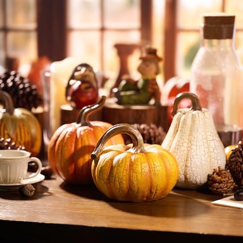 Valery Madelyn Fall Pumpkin Table Decor Cracked Pumpkin Figurine Fall Decoration for Home, 3pcs Resin Autumn Harvest Thanksgiving Halloween Party Tabletop Centerpieces, 6.7 inch