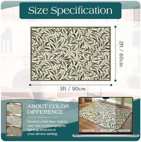 Front Door Mat Outside Entrance, 2x3 Boho Sage Olive Green Leaf Rug