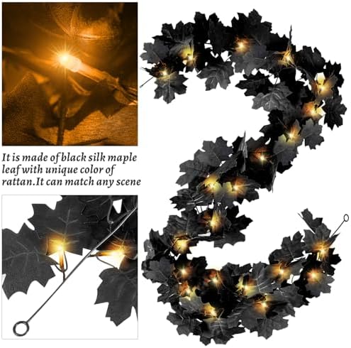 2 Pcs Black Leaf Garland with Yellow Lights, 11.8FT