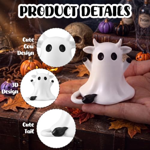 RattanView Halloween Ghost Highland Cow Figurine Mini Resin Decoration Gift