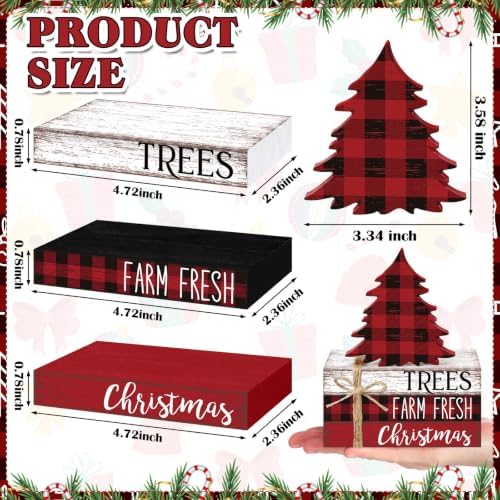 Geelin 4 Pcs Christmas Tiered Tray Decor Wooden Book Stack Signs, Red Black White Buffalo Plaid Christmas Table Decor, Farmhouse Rustic Centerpieces for Shelf Coffee Bar Office Desk Decorations