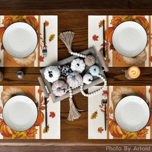 Artoid Mode Pumpkin Leaves Fall Placemats Set of 6, 12x18 Inch Seasonal Thanksgiving Holiday Table Mats for Party Kitchen Dining Decoration