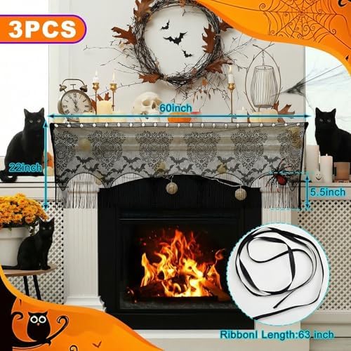 Baquler 3 Pcs Halloween Lamp Shade Cover, Black Lace Bat Skull Gothic Decor
