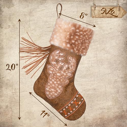 LUBOT Christmas Stockings Set of 6, Western Cowboy 20" Rustic Farmhouse Fireplace Hanging Décor Neutral Embossed Leather & Plush Faux Fur with Tassel Accents Large Family Xmas Stockings